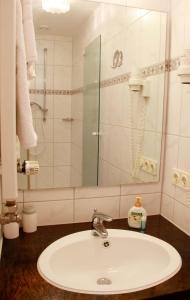 a bathroom with a sink and a shower and a mirror at Hotel Gasthof Krone in Zusmarshausen