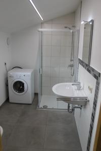 a bathroom with a sink and a washing machine at Ferienwohnung Lauenbrück in Lauenbrück