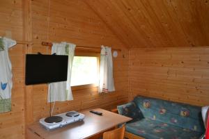 une chambre avec un canapé et une télévision dans une cabine dans l'établissement Tenon Eräkievari mökit, à Karigasniemi