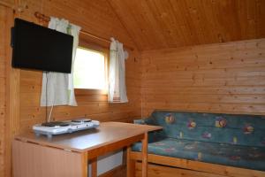Habitación con sofá y TV en una cabina. en Tenon Eräkievari mökit, en Karigasniemi