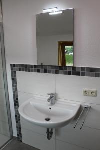 La salle de bains est pourvue d'un lavabo blanc et d'un miroir. dans l'établissement Ferienwohnung Lauenbrück, à Lauenbrück