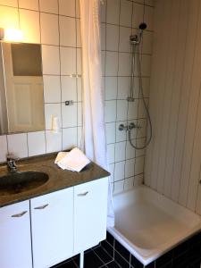 uma casa de banho com um chuveiro, um lavatório e uma banheira em Skagen Villa & Apartments em Skagen