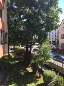 a tree in a yard next to a building at City Apartment in Augsburg