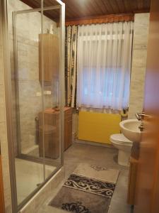 un bagno con doccia, WC e lavandino di Ferienwohnung-Nassfeld-Haus Umschaden a Tröpolach