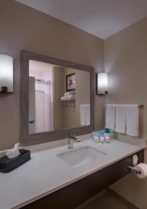 uma casa de banho com um lavatório e um espelho grande em Holiday Inn Express & Suites Austin NW - Four Points, an IHG Hotel em Four Points