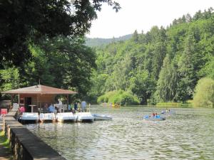 eine Gruppe von Menschen auf Booten auf einem See in der Unterkunft Ferienwohnung Römerstein in Bad Sachsa