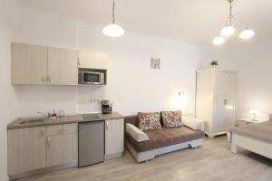 eine Küche und ein Wohnzimmer mit einem Sofa und einem Tisch in der Unterkunft Central Parc Studios in Sibiu