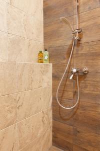 une douche avec un tuyau dans une salle de bain dans l'établissement Great Central Apartment, à Sibiu
