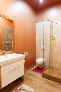a bathroom with a shower and a sink and a toilet at Great Central Apartment in Sibiu +24 photos