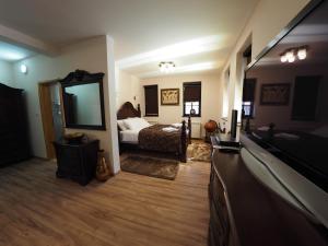 a bedroom with a bed and a large mirror at Guest house DON-lux in Pljevlja