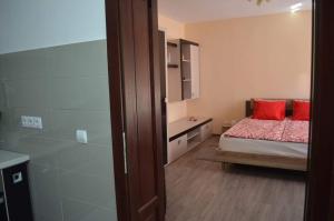 a small bedroom with a bed with two red pillows at Citadel Residence in Sighişoara