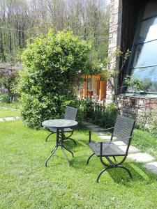 FrisancoにあるB&B Louc Gubitの芝生のピクニックテーブルと椅子2脚