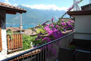 a balcony with purple flowers and a view of the mountains at Casa Fanny in Limone sul Garda