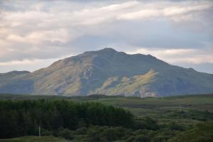 a mountain in the middle of a field with trees at Killoran House in Dervaig