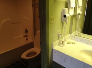 a bathroom with a toilet and a sink and a mirror at Budget Inn San Antonio Downtown I-10 East in San Antonio