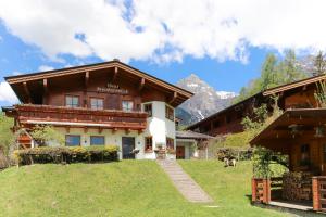 a house in the mountains with a dog in the yard at Haus Breithornblick in Maria Alm am Steinernen Meer