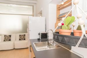 a kitchen counter with a sink and a cactus at Aretousa Deluxe Downtown Apartment in Skala