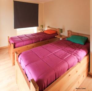 two beds in a room with purple sheets at Quinta Do Norte in Capelas