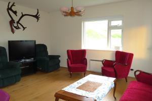 a living room with red chairs and a flat screen tv at Thorbrandsstadir Farm Holidays in Þorbrandsstaðir
