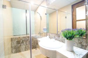 a bathroom with a sink and a glass shower at Canary Ha Noi Hotel in Hanoi