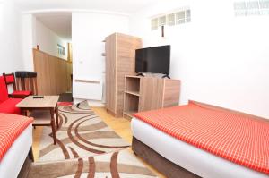 Cette chambre comprend un lit et une télévision. dans l'établissement Apartments Dino, à Sarajevo