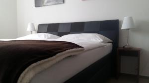 a bedroom with a bed with a black and white headboard at Studia Letců 2A in Olomouc