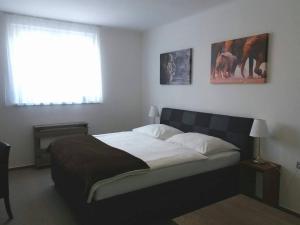 a bedroom with a bed and two pictures on the wall at Studia Letců 2A in Olomouc