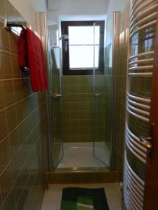 a bathroom with a shower with green tile at Ferienwohnung Rettenegger in Abtenau