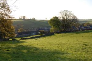 a field of green grass with houses and trees at May Cottage in Tideswell