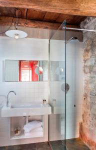 bagno con lavandino e doccia in vetro di Albergo Diffuso Sauris in Sauris Di Sopra a Sauris