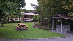 un parque con una mesa de picnic en el césped en Creel Lodge, en Turangi
