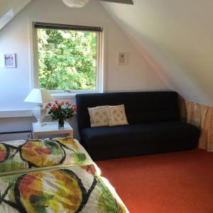 赫斯霍爾姆的住宿－Mikkelborg B&B，一间卧室配有黑色的沙发和窗户