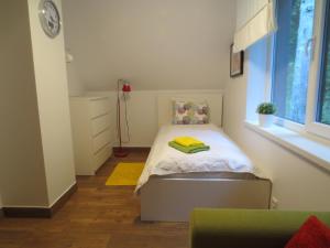 a small bedroom with a bed and a window at Mizarai Mill House in Druskininkai