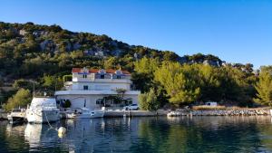 a large house on the water with boats in it at Apartments Livia in Lastovo