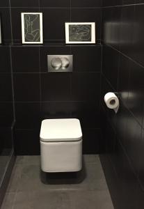 a bathroom with a toilet and a black wall at Calle Aduana in Madrid