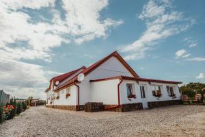 a white house with a red roof on a gravel road at Casa Dan & Lili in Şura Mică