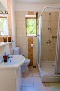 uma casa de banho com um lavatório, um chuveiro e um WC. em Apartments Ana Baska em Baska