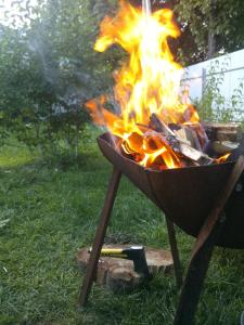 una griglia con fuoco nell'erba di Villa Svalyavа a Svalyava