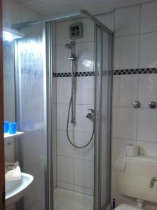 a bathroom with a shower with a toilet and a sink at Tauberhotel Kette in Wertheim