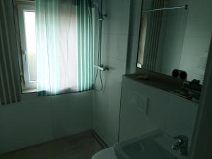 a bathroom with a shower and a sink and a mirror at Ferienwohnung Peter Hofling in Wertheim