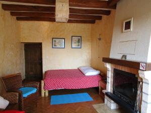 um quarto com uma cama e uma lareira em Gîte Le Bourgneuf em Fresnay-sur-Sarthe