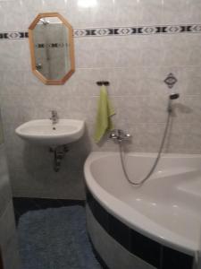 a bathroom with a sink and a tub and a mirror at Haus Sagmeister in Steinfeld