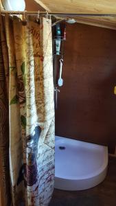 a bathroom with a toilet and a shower curtain at Jaunbirzes in Vecsaule