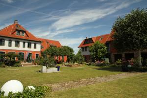 un groupe de maisons avec une cour avec un champ herbeux dans l'établissement Ferienwohnanlage Alte Molkerei, à Rankwitz