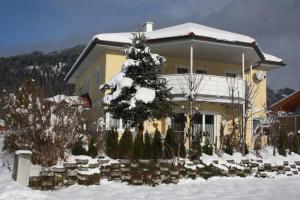 a house with a christmas tree in the snow at Haus Pfeiffenberger in Eben im Pongau