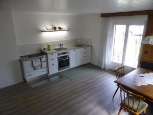 a kitchen with a stove and a sink and a table at Ferienwohnung Marte in Viktorsberg