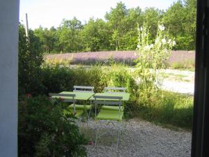 einen Tisch und Stühle vor einem Blumenfeld in der Unterkunft les théolats in Rochefort-en-Valdaine