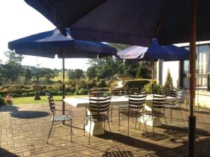 a table and chairs with blue umbrellas on a patio at Greengate Bed and Breakfast in Robertson