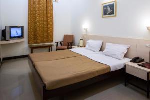 a hotel room with a bed and a television at Hotel Ranjeet in Agra