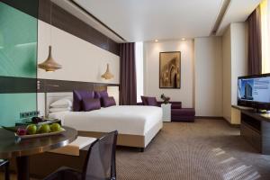 um quarto de hotel com uma cama e uma televisão em Erbil Arjaan by Rotana em Arbil